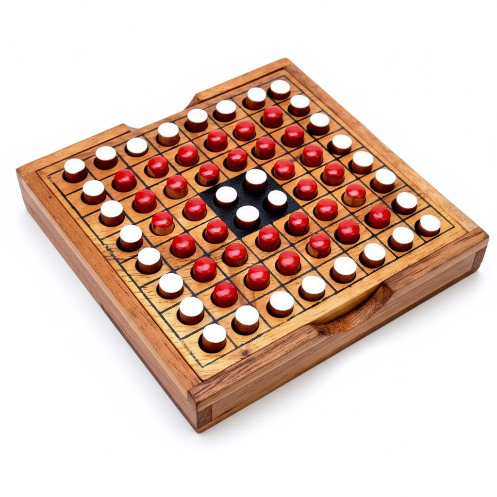 Woodtastic Othello Reversi wooden board game with red and white discs. Small, portable design.