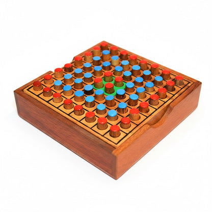 Woodtastic Othello Reversi game board made of Samanea wood with red, blue, and green playing pieces.