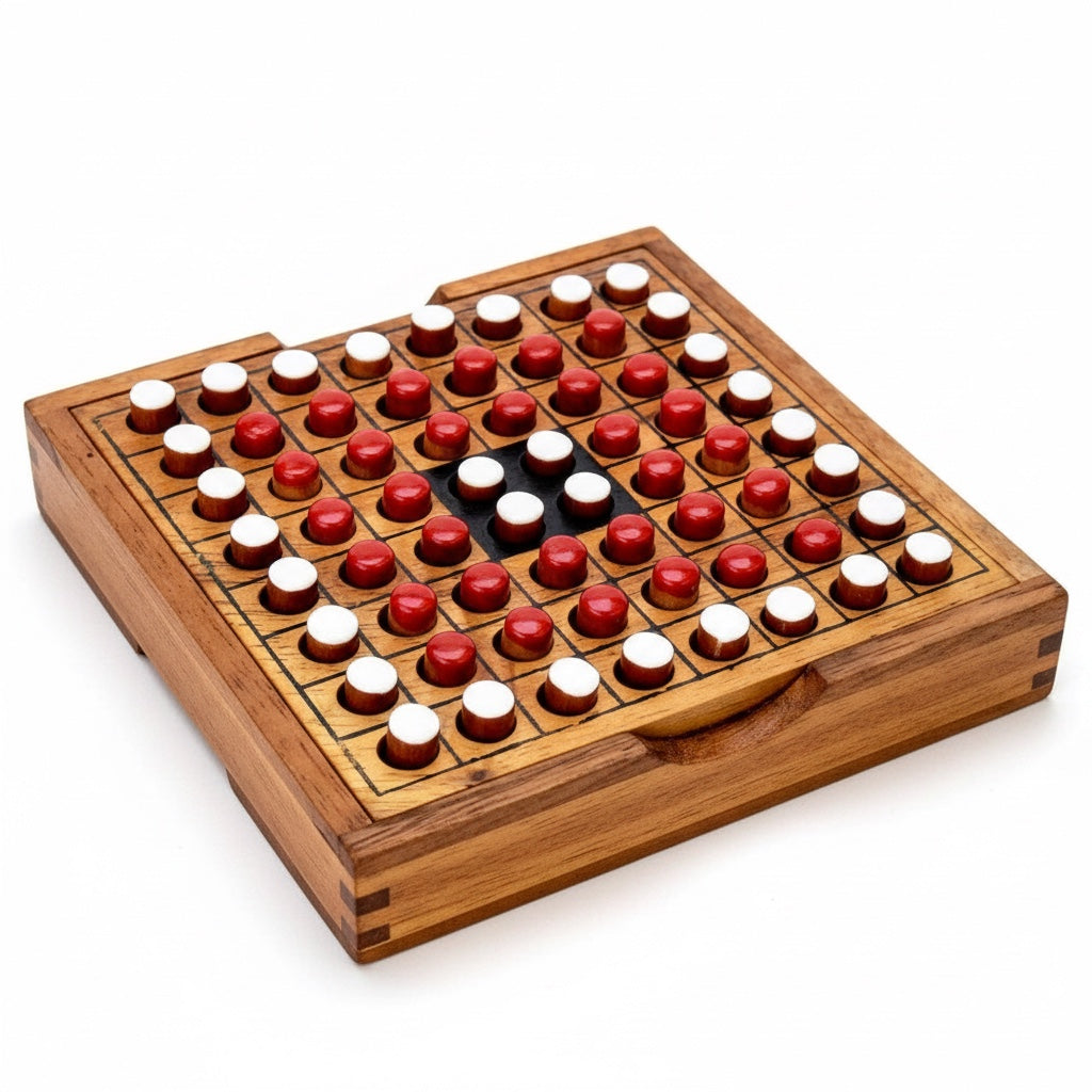 Woodtastic Othello Reversi wooden game board with red and white playing pieces. Small size, handcrafted from Samanea wood.