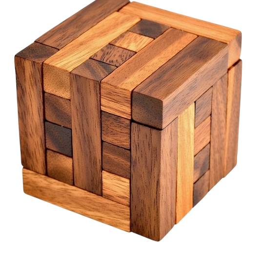 Woodtastic Packing Box Y 3D wooden puzzle made of Samanea wood, challenging spatial reasoning toy.