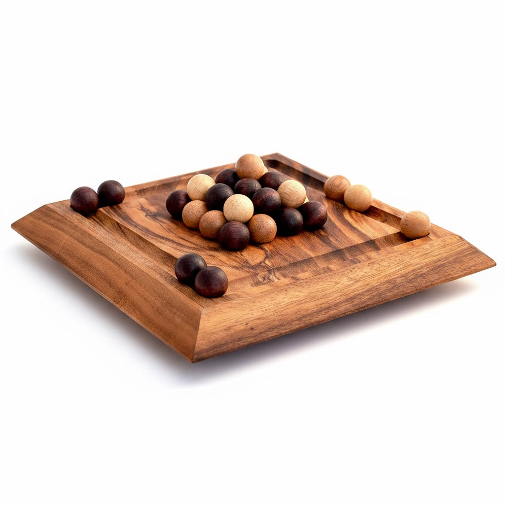 Woodtastic Pharao Last Ball XL strategy board game made of Samanea wood with dark and light wooden balls.