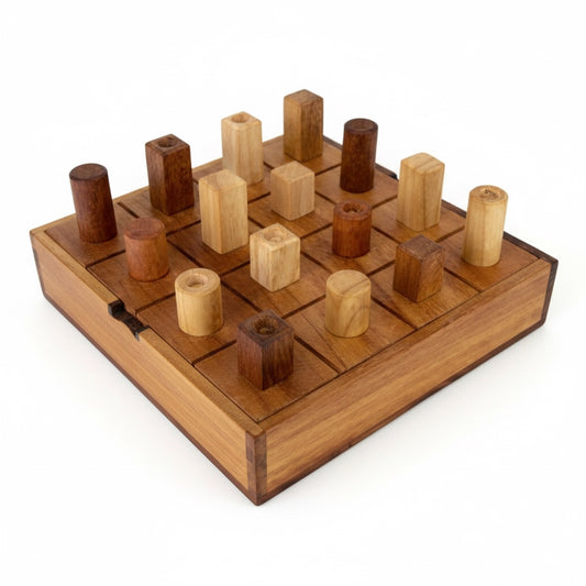 Woodtastic Quattro strategy game for 2 players on a 4x4 wooden board with light and dark wood pieces.