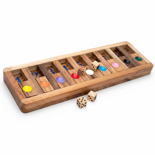 Woodtastic Shut Box Desk wooden dice game with numbered tiles and colorful markers. Compact tabletop game.