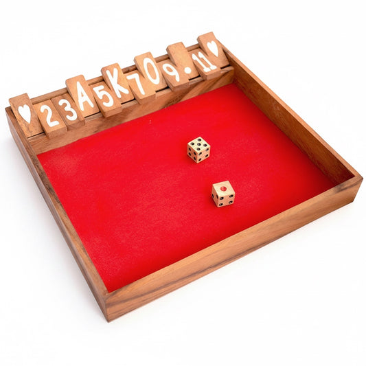 Woodtastic large red Shut the Box game with numbers 1-12 and dice on a red felt playing surface.