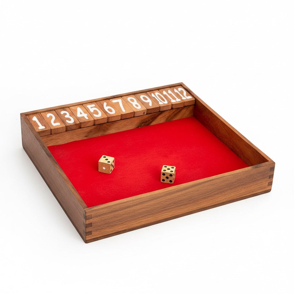 Woodtastic large red Shut the Box game with numbers 1-12 and two dice on a red felt surface.