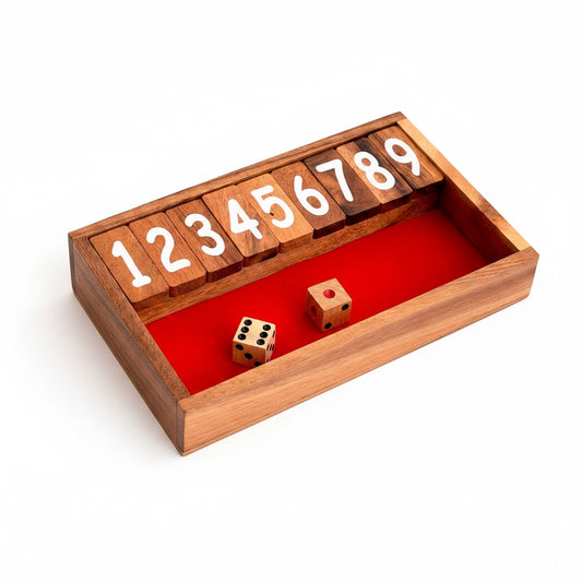 Woodtastic small red Shut the Box game with wooden tiles numbered 1-9 and two dice on a red felt base.