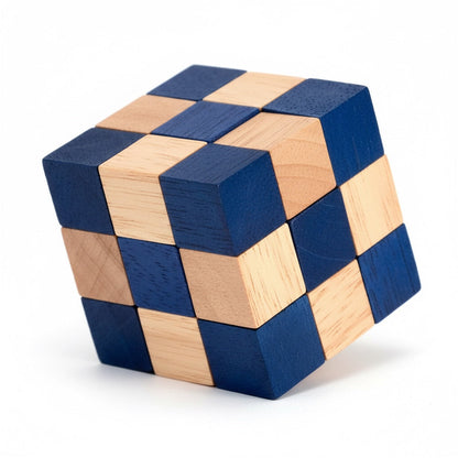 Woodtastic Snake Cube Level Box M, a blue and natural wood interlocking cube puzzle.