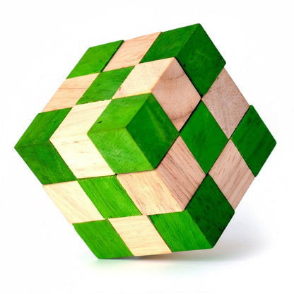 Woodtastic Snake Cube Level Box M, a green and natural wood interlocking puzzle cube.