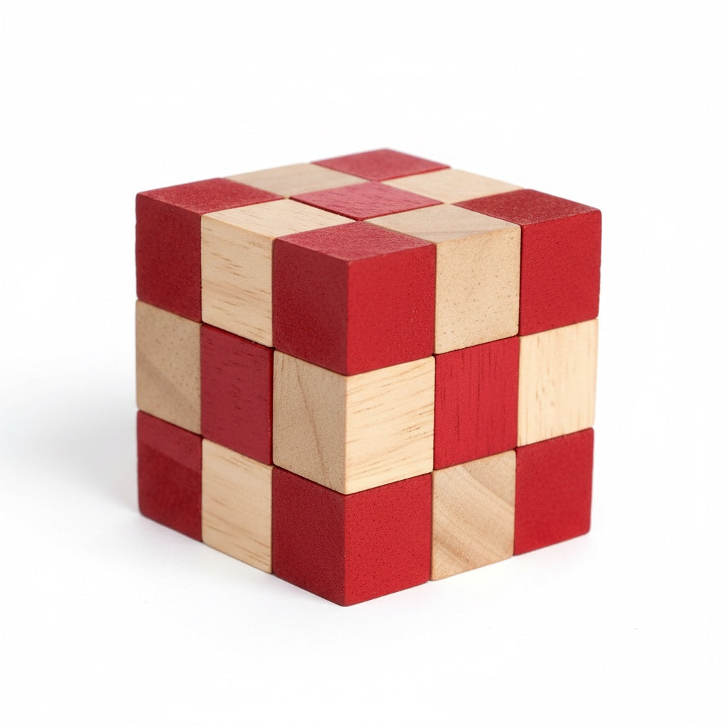 Woodtastic Snake Cube Level Box M, a red and natural wood interlocking cube puzzle with a checkered pattern.