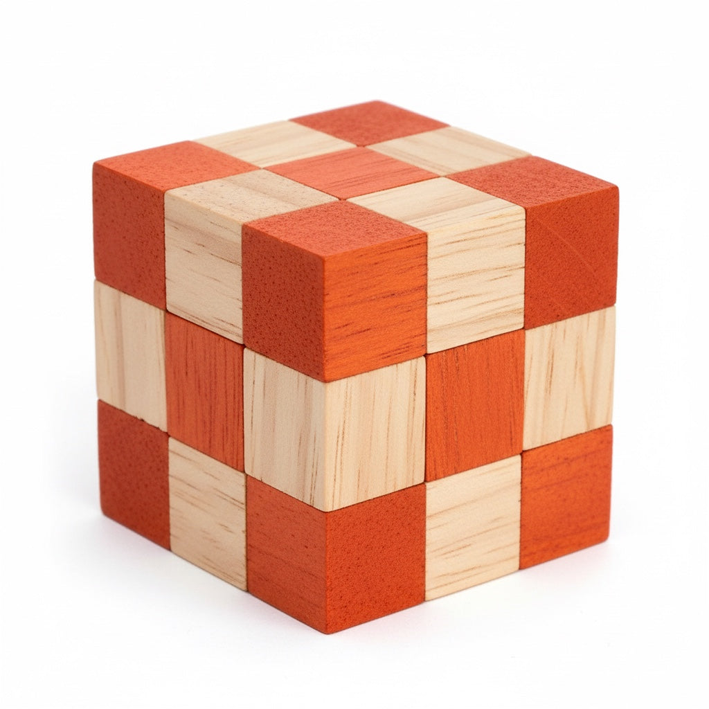 Woodtastic Snake Cube Level Box M, a red and natural wood puzzle cube with a checkered pattern, made of interconnected wooden blocks.