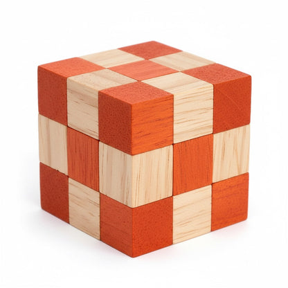 Woodtastic Snake Cube Level Box M, a red and natural wood puzzle cube with a checkered pattern, made of interconnected wooden blocks.