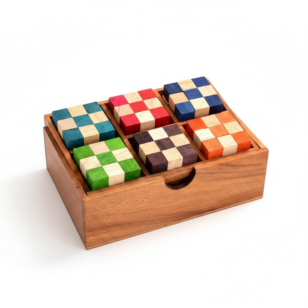 Woodtastic Snake Cube Level Box M, a set of 6 wooden snake cube puzzles in a wooden box. Puzzles are in red, blue, green, purple, orange, and teal.