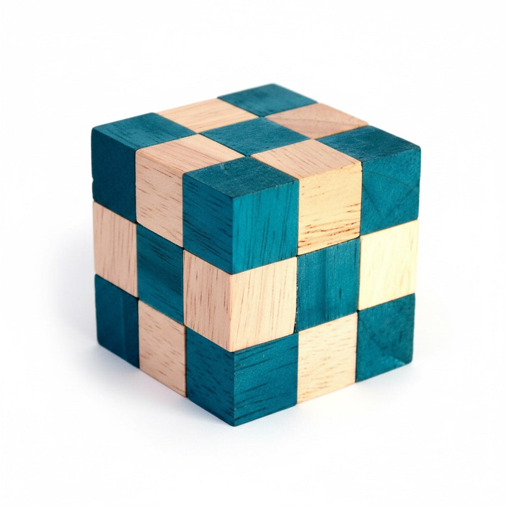 Woodtastic Snake Cube Level Box M, a wooden puzzle cube with alternating natural wood and teal blue blocks.