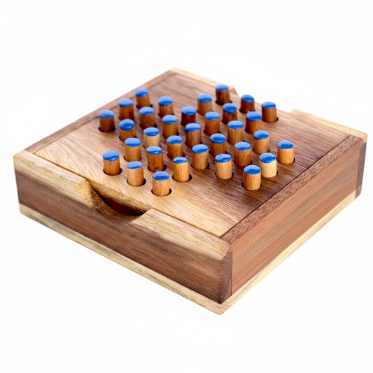 Woodtastic small solitaire game box made of Samanea wood with blue-topped pegs. A classic single-player strategy game.