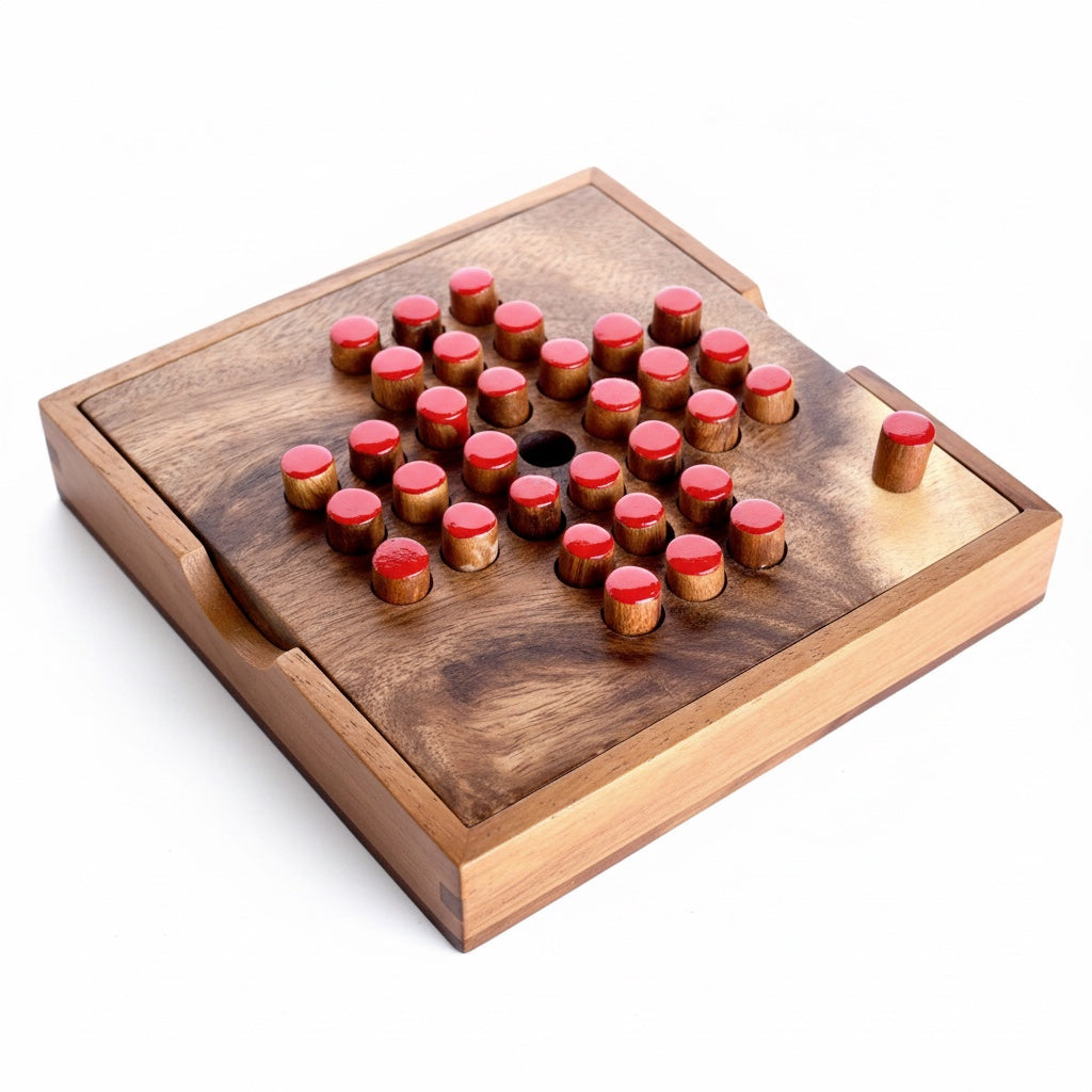 Woodtastic large solitaire peg game board made of Samanea wood with 33 red pegs. A classic brain teaser.