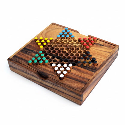 Woodtastic Sternhalma medium Chinese Checkers board made of Samanea wood with colorful pegs for 6 players.