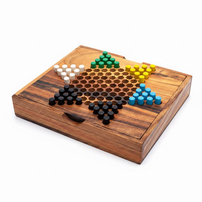 Woodtastic Sternhalma Medium Chinese Checkers board game made of Samanea wood with colorful pegs for 6 players.