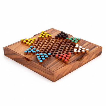 Woodtastic Sternhalma medium Chinese Checkers game board made of Samanea wood with colorful pegs in yellow, blue, red, green, black, and white.
