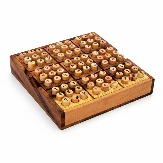 Woodtastic Sudoku 9x9 board game made of natural wood with wooden pegs numbered 1-9.