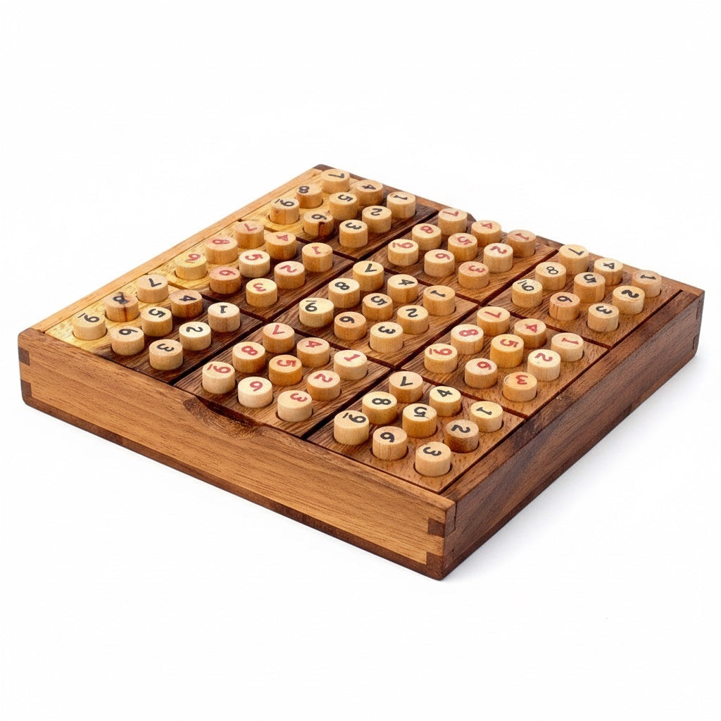 Woodtastic Sudoku Box 9x9, a handmade wooden puzzle game with natural wood pieces and red and black numbers.