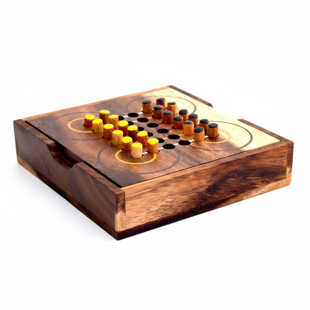 Woodtastic Surakarta strategy board game made of Samanea wood, featuring yellow and black playing pieces on a wooden board with circular paths.