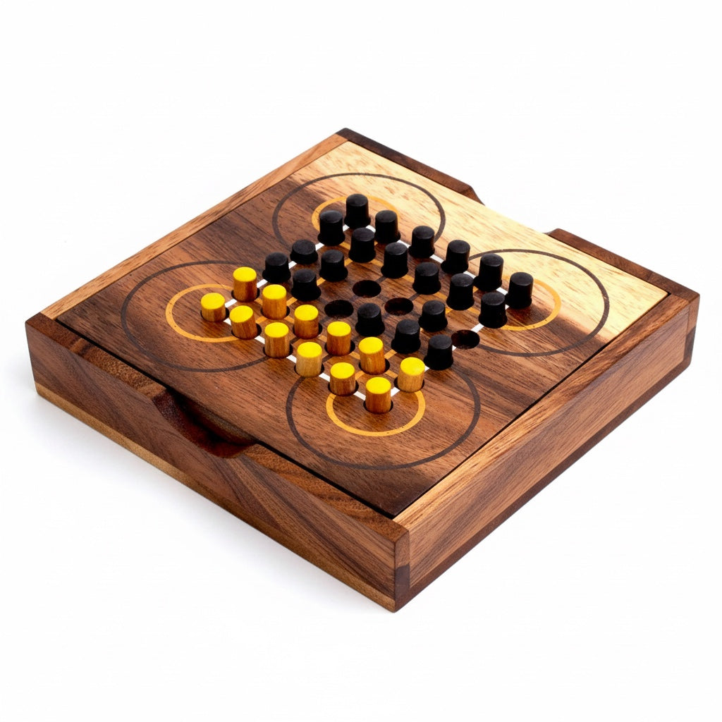 Woodtastic Surakarta wooden strategy board game with yellow and black pieces and unique circular paths.