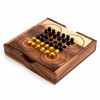 Woodtastic Surakarta wooden strategy board game with yellow and black pieces and unique circular paths.