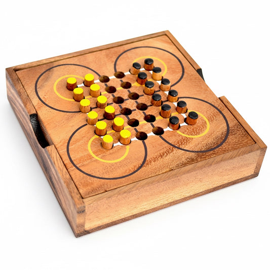 Woodtastic Surakarta wooden strategy board game with yellow and black playing pieces and unique circular paths.