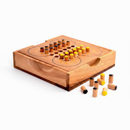 Woodtastic Surakarta wooden strategy board game with yellow and black pieces in a box.