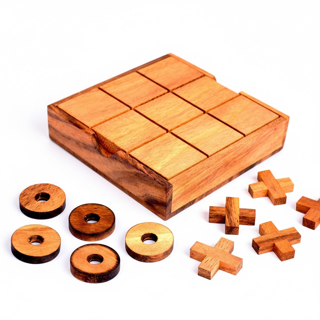 Woodtastic Tic Tac Toe box made of Samanea wood with a sliding lid and wooden X and O game pieces.
