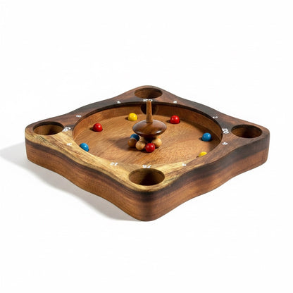 Woodtastic Tiroler Roulette wooden spinning top game with colorful balls and numbered scoring holes.