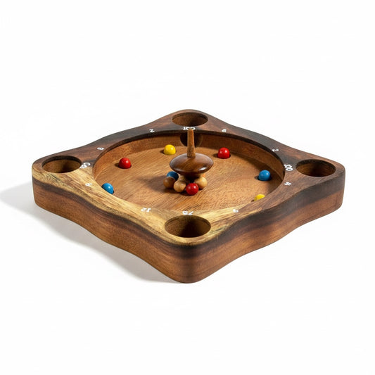 Woodtastic Tiroler Roulette wooden spinning top game with colorful balls and numbered scoring holes.