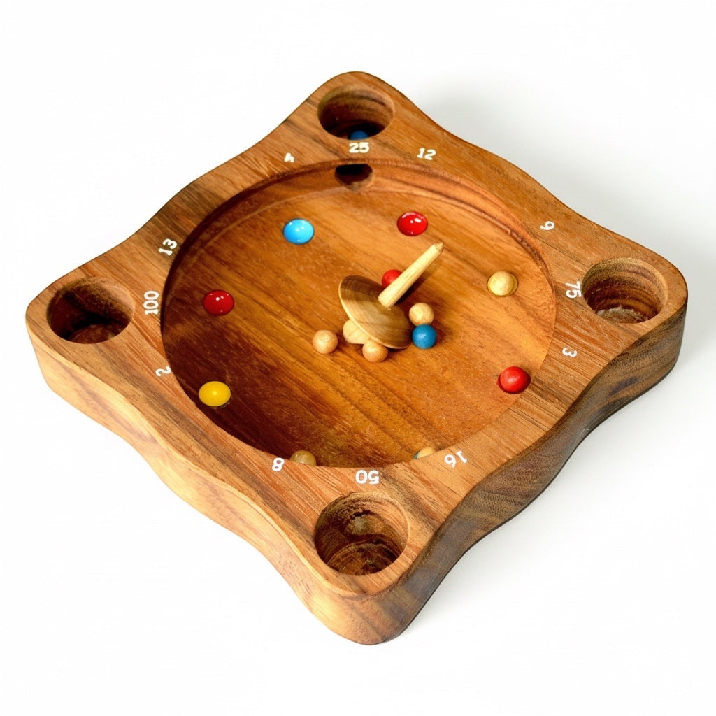 Woodtastic Tiroler Roulette wooden spinning top game with colorful balls and numbered scoring.