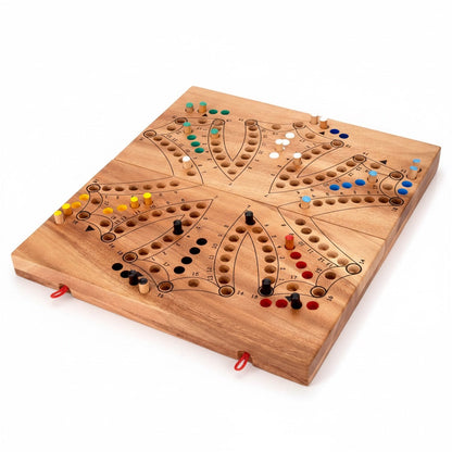 Woodtastic Tock Tock Dog 6 Player board game made of Samanea wood, featuring colorful pegs in red, blue, green, yellow, black, and white.