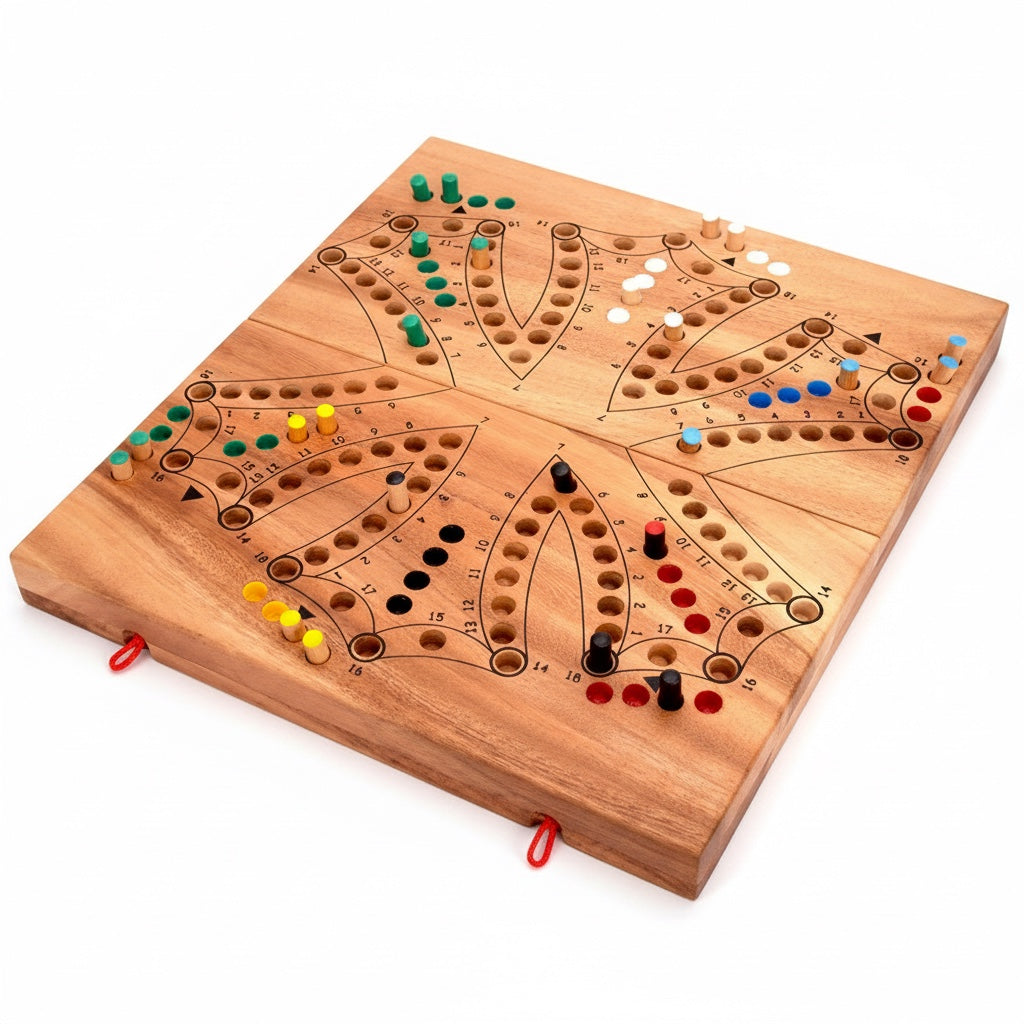 Woodtastic Tock Tock Dog 6 Player board game, handmade from Samanea wood, featuring colorful pegs in red, blue, green, yellow, black, and white.