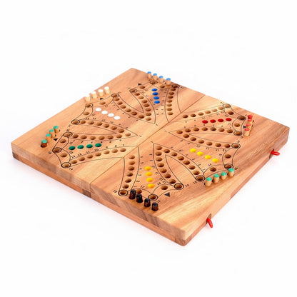 Woodtastic Tock Tock Dog 6 Player game board made of Samanea wood, featuring 4 player sections with colored pegs and numbered tracks.