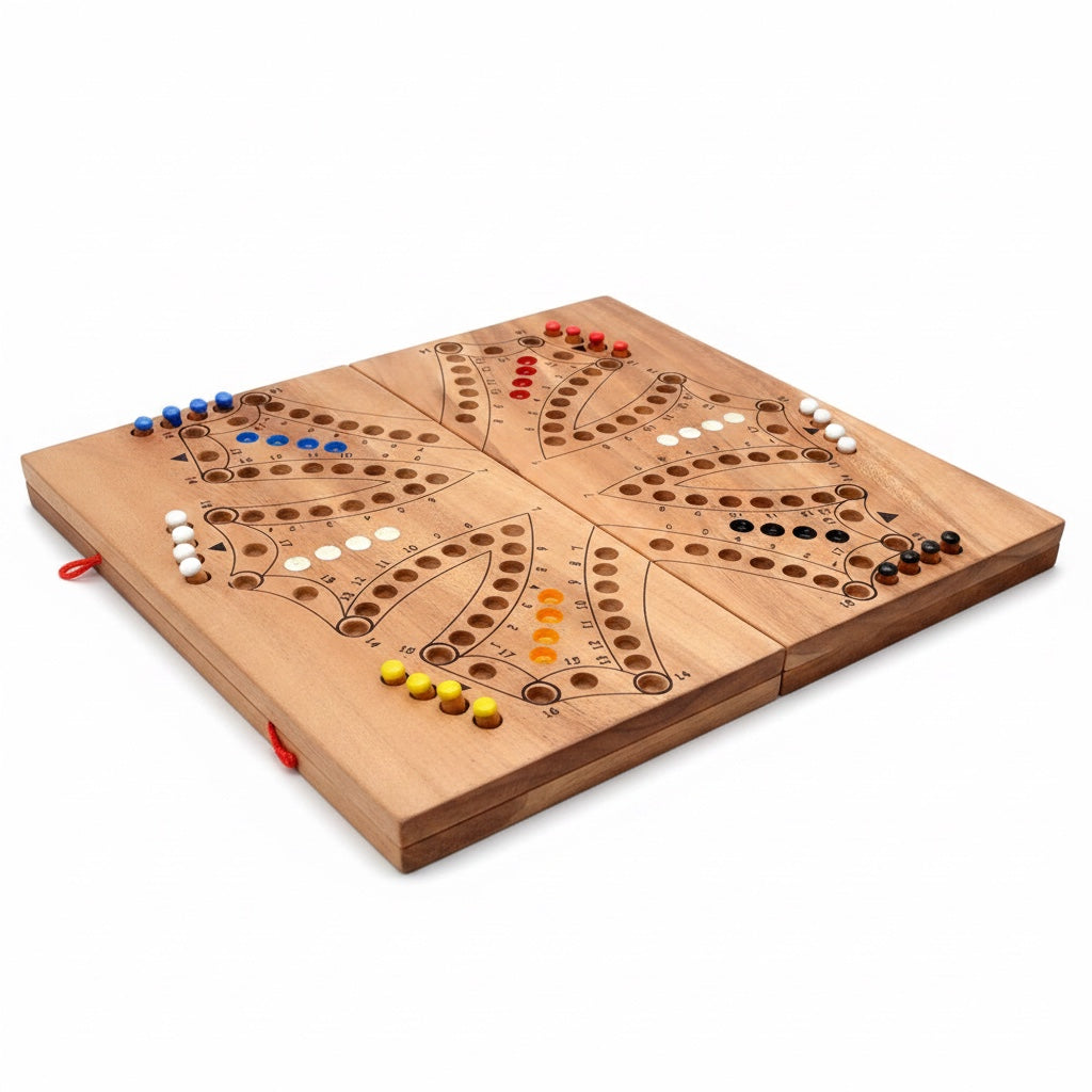 Woodtastic Tock Tock Dog 6 Player game board made of Samanea wood, featuring colorful pegs in blue, red, white, black, green, yellow, and orange.
