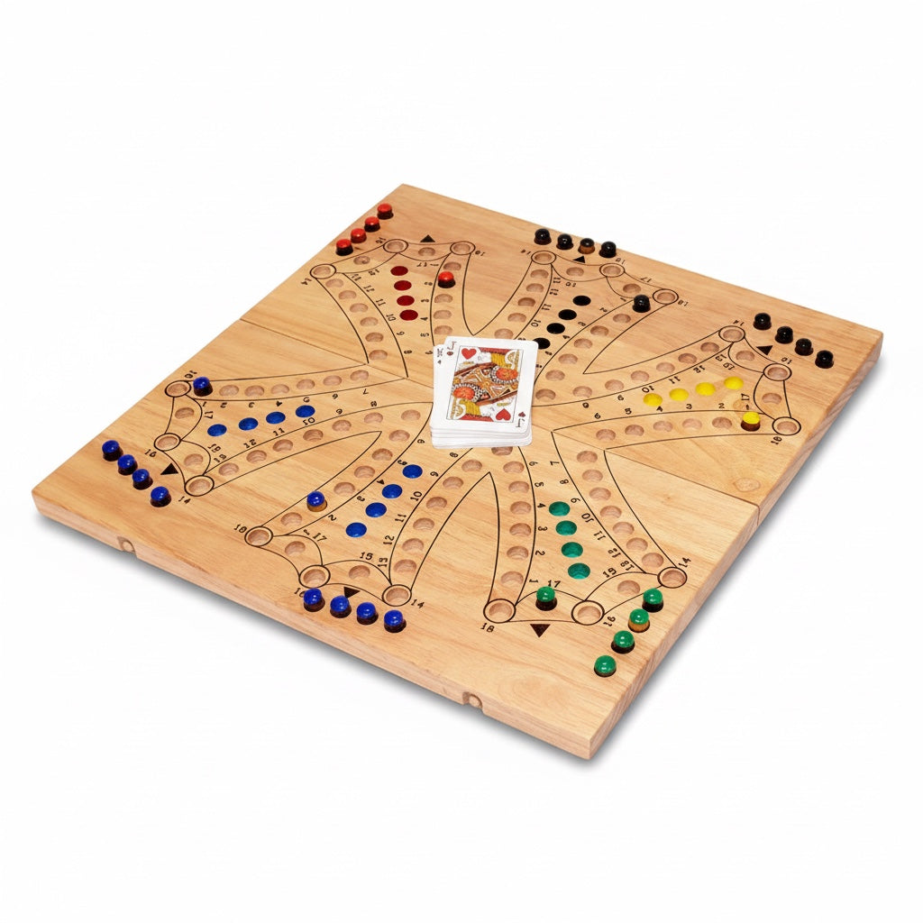 Woodtastic Tock Tock Dog XL 6-player board game made of natural wood with colorful playing pieces and a deck of cards.