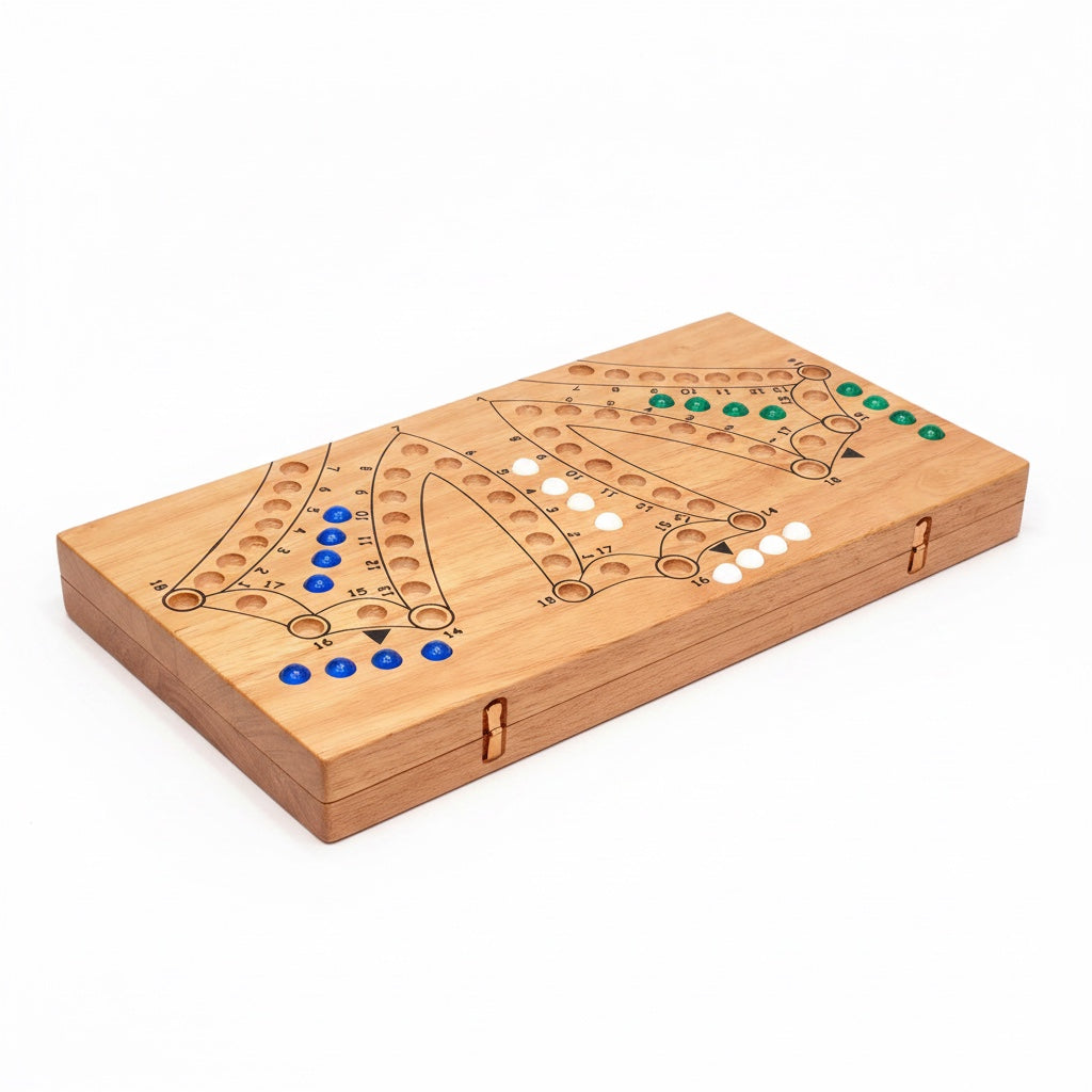Woodtastic Tock Tock Dog XL 6-player board game made of natural wood with blue, white, and green playing pieces.