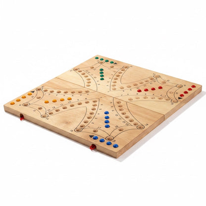 Woodtastic Tock Tock Dog XL wooden board game with 4 player sets of colored pegs: green, red, yellow, and blue.
