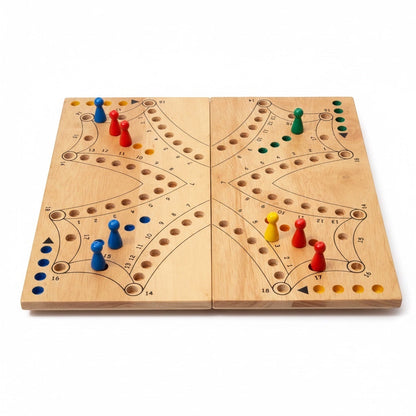 Woodtastic Tock Tock Dog XL wooden board game, a 4-player tactical team game with a large folding board and colored playing pieces.
