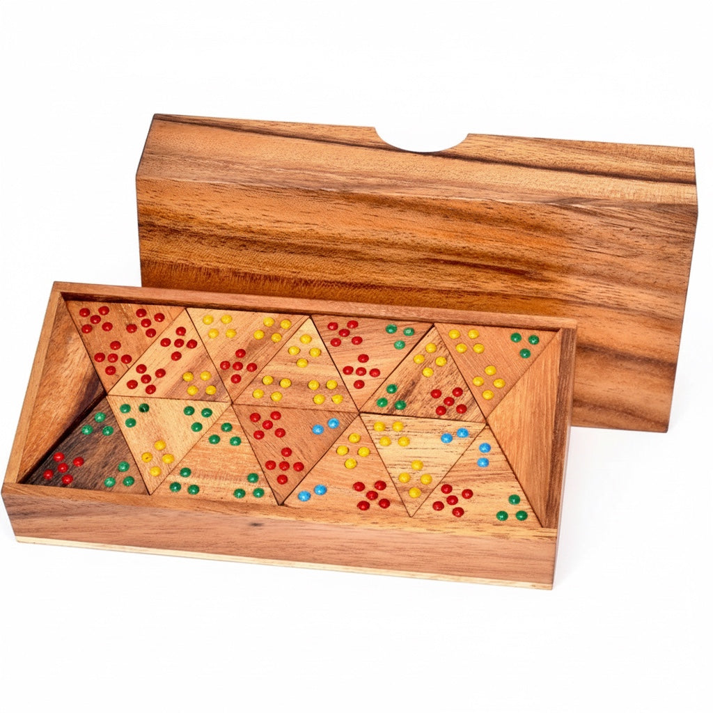 Woodtastic Triomino Colour triangular domino game made of Samanea wood with red, yellow, green, and blue dots.