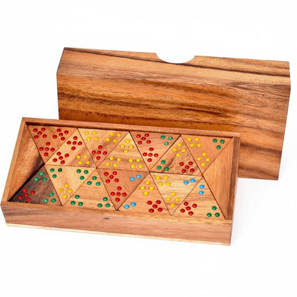 Woodtastic Triomino Colour triangular domino game made of Samanea wood with red, yellow, green, and blue dots.