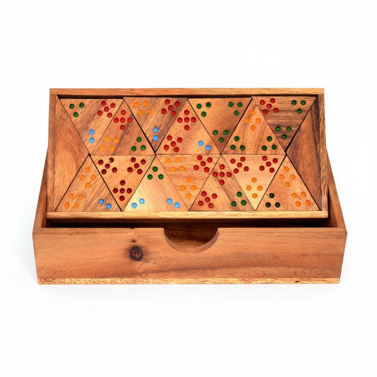 Woodtastic Triomino Colour wooden triangular dominoes with red, green, and orange dots in a wooden box.