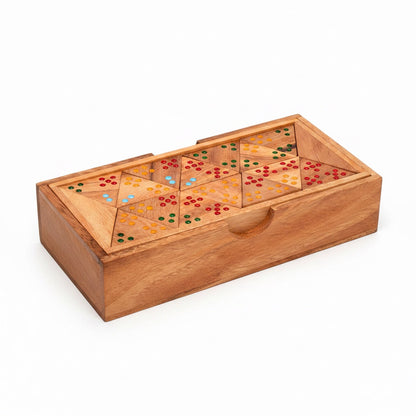 Woodtastic Triomino Colour wooden triangular dominoes with red, yellow, green, and blue dots in a wooden box.