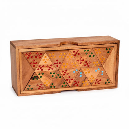 Woodtastic Triomino Colour wooden triangular dominoes with red, yellow, green, and blue dots in a wooden box.