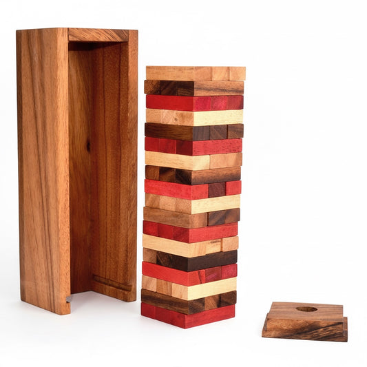 Woodtastic Wobbly Tower Colour wooden blocks with red, natural wood, and dark wood colours. Includes wooden box and dice.