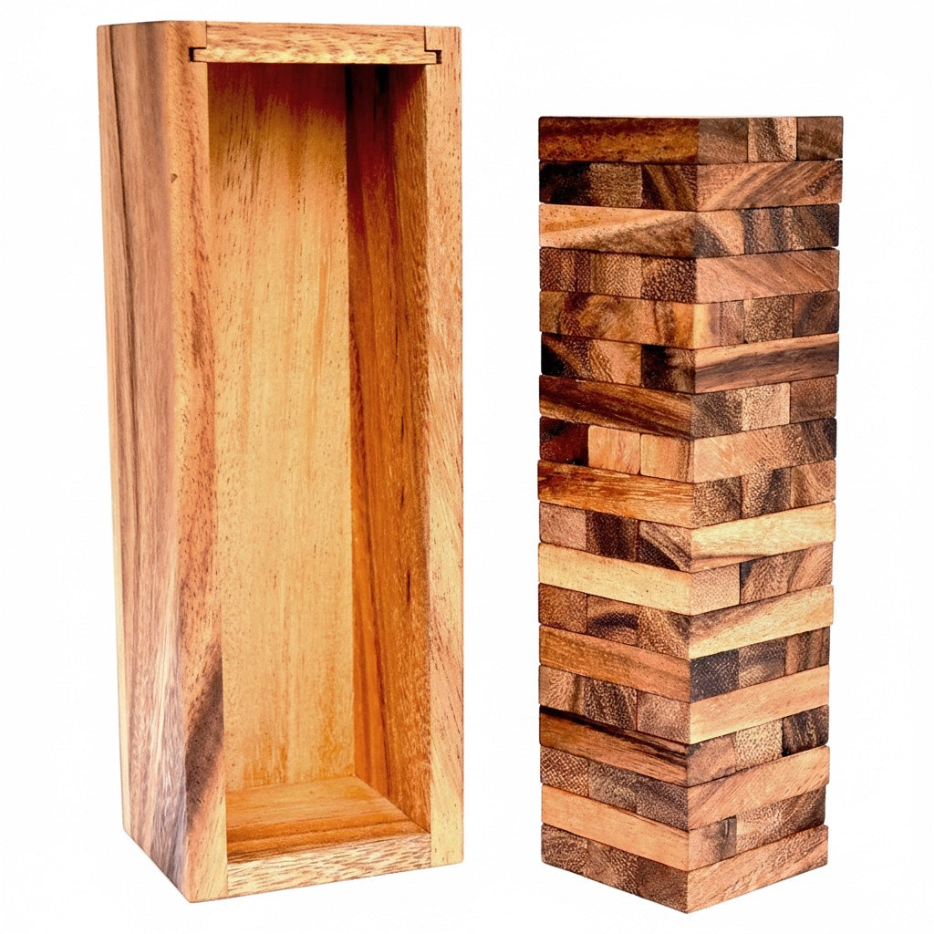 Woodtastic large Wobbly Tower Jenga game made of natural Samanea wood with unique grain patterns.
