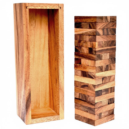 Woodtastic large Wobbly Tower Jenga game made of natural Samanea wood with unique grain patterns.