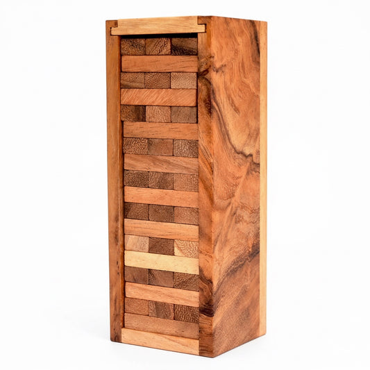 Woodtastic large Wobbly Tower Jenga game made from Samanea wood with natural grain.
